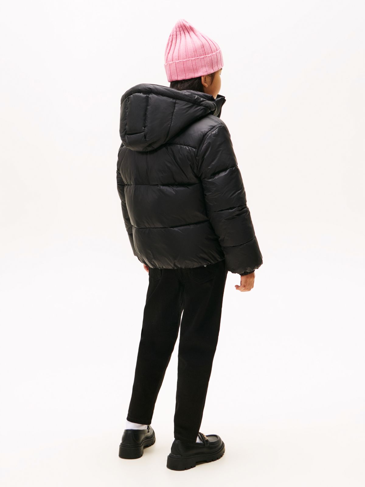 Shiny Relaxed Hooded Puffer Jacket — Black