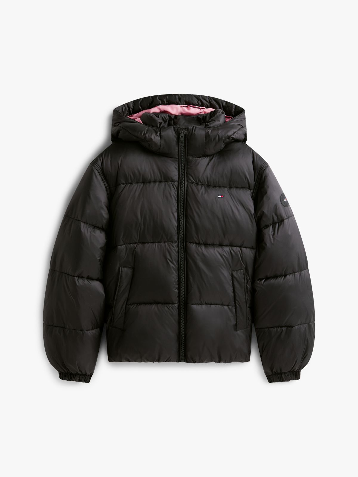 Shiny Relaxed Hooded Puffer Jacket — Black