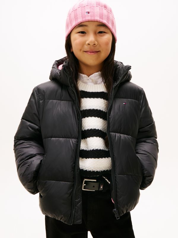 Shiny Relaxed Hooded Puffer Jacket — Black