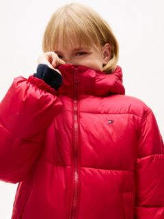 Shiny Relaxed Hooded Puffer Jacket — Red 2