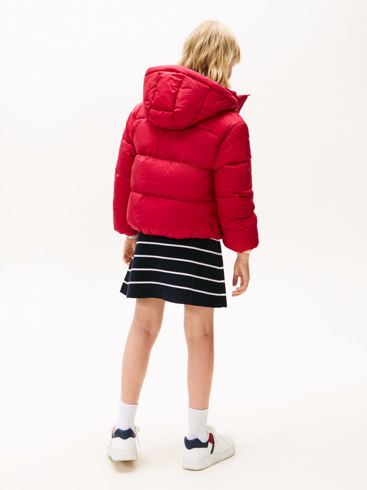 Shiny Relaxed Hooded Puffer Jacket — Red