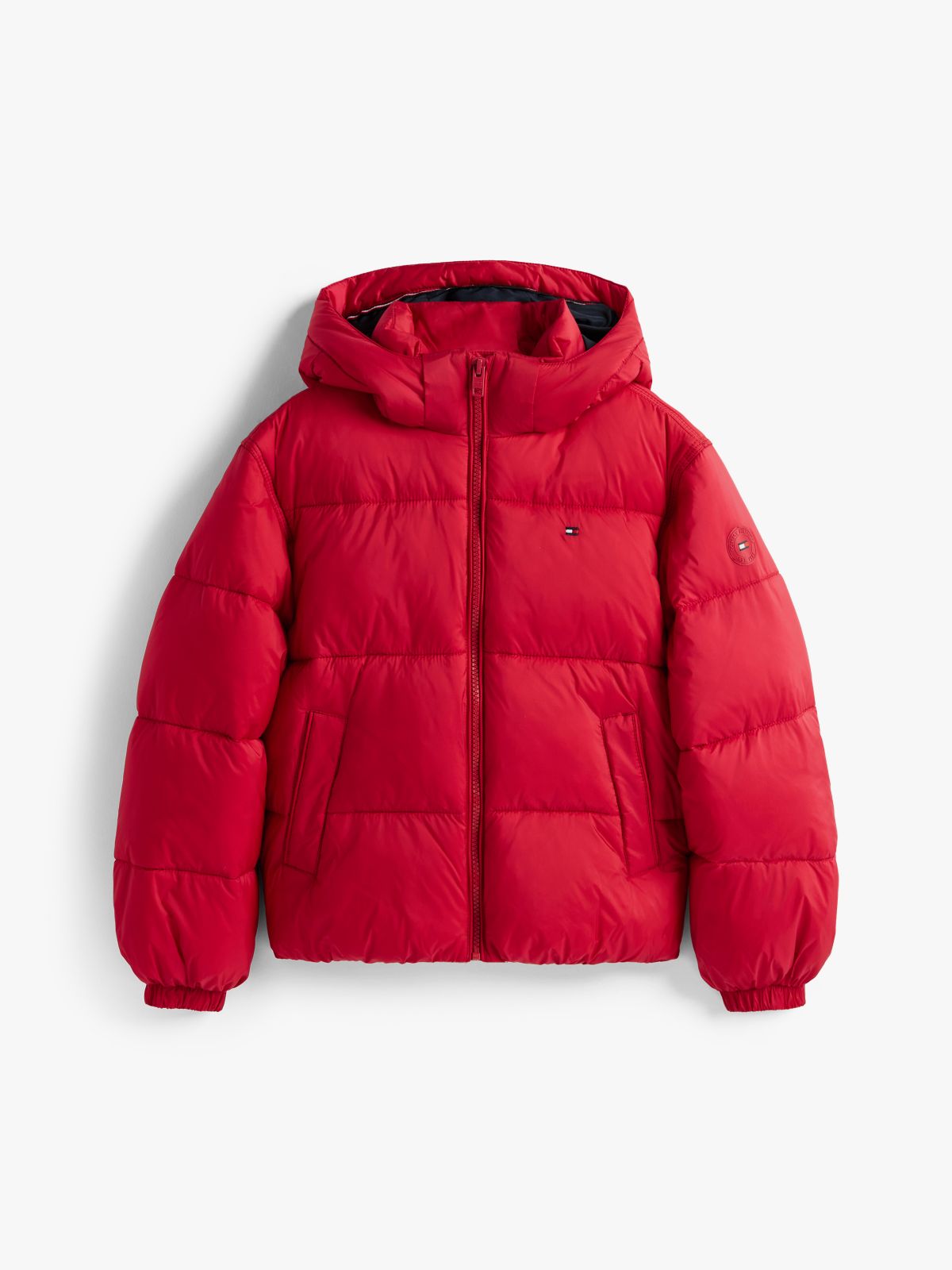 Shiny Relaxed Hooded Puffer Jacket — Red