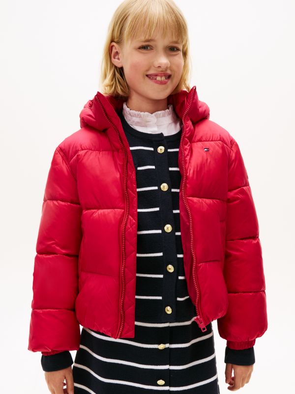 Shiny Relaxed Hooded Puffer Jacket — Red