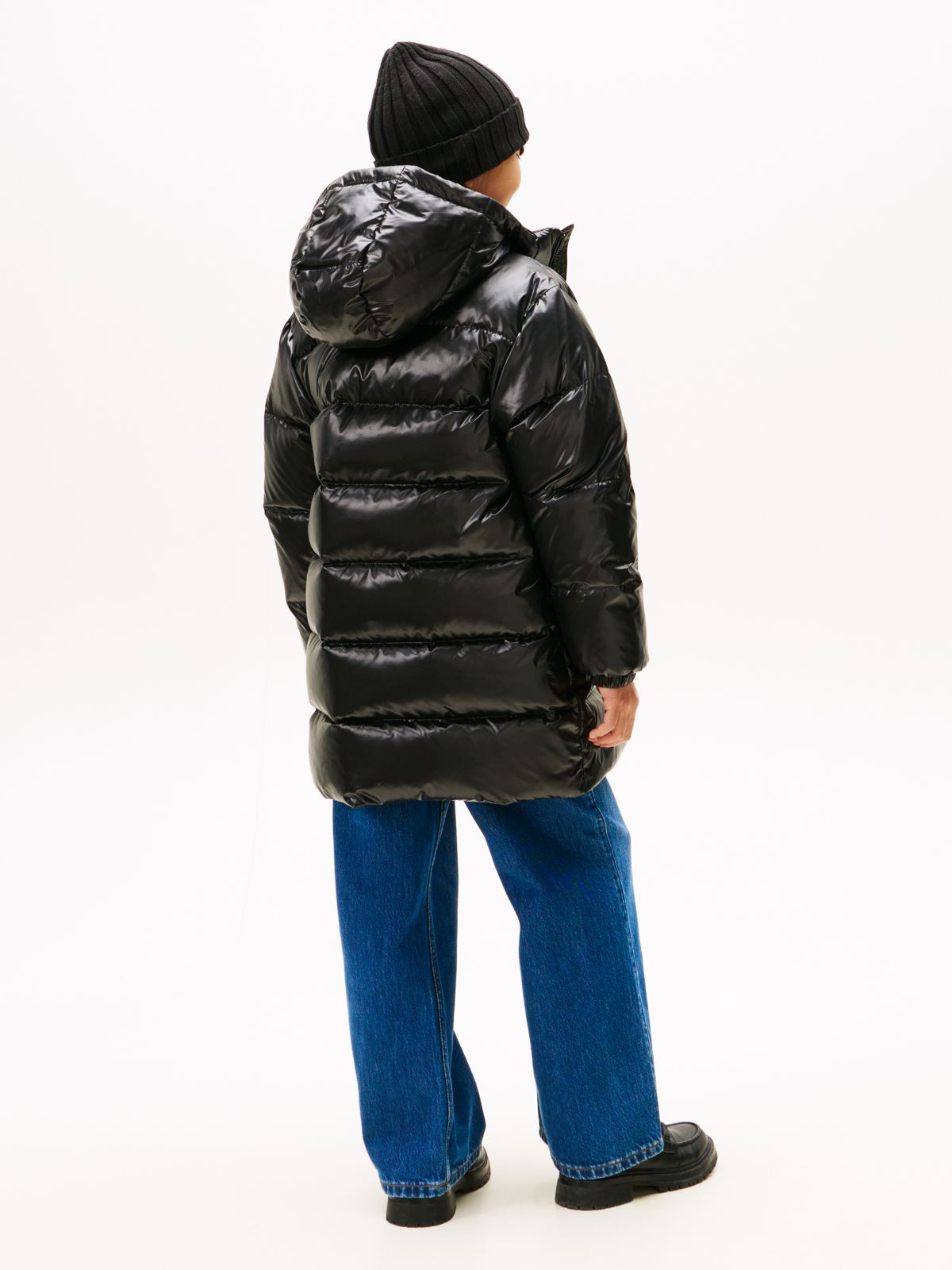Essential Shiny Down Relaxed Longline Jacket — Black