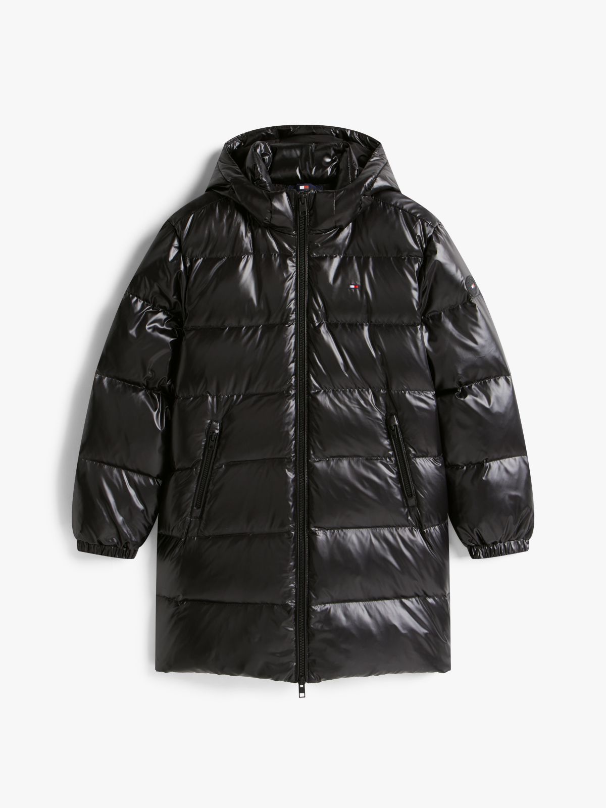 Essential Shiny Down Relaxed Longline Jacket — Black