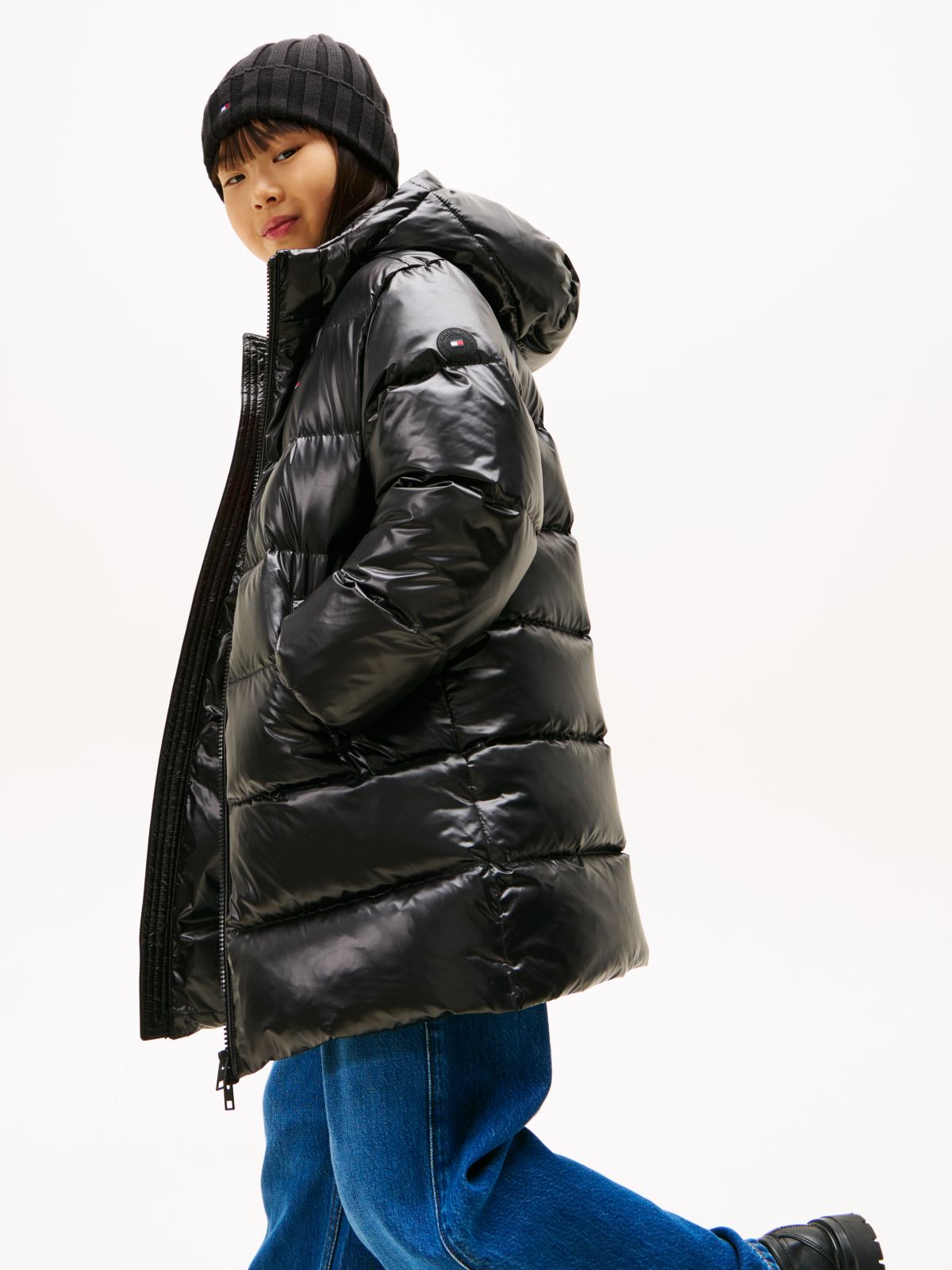Essential Shiny Down Relaxed Longline Jacket — Black