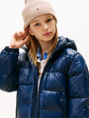 blue essential shiny down relaxed longline jacket for girls tommy hilfiger