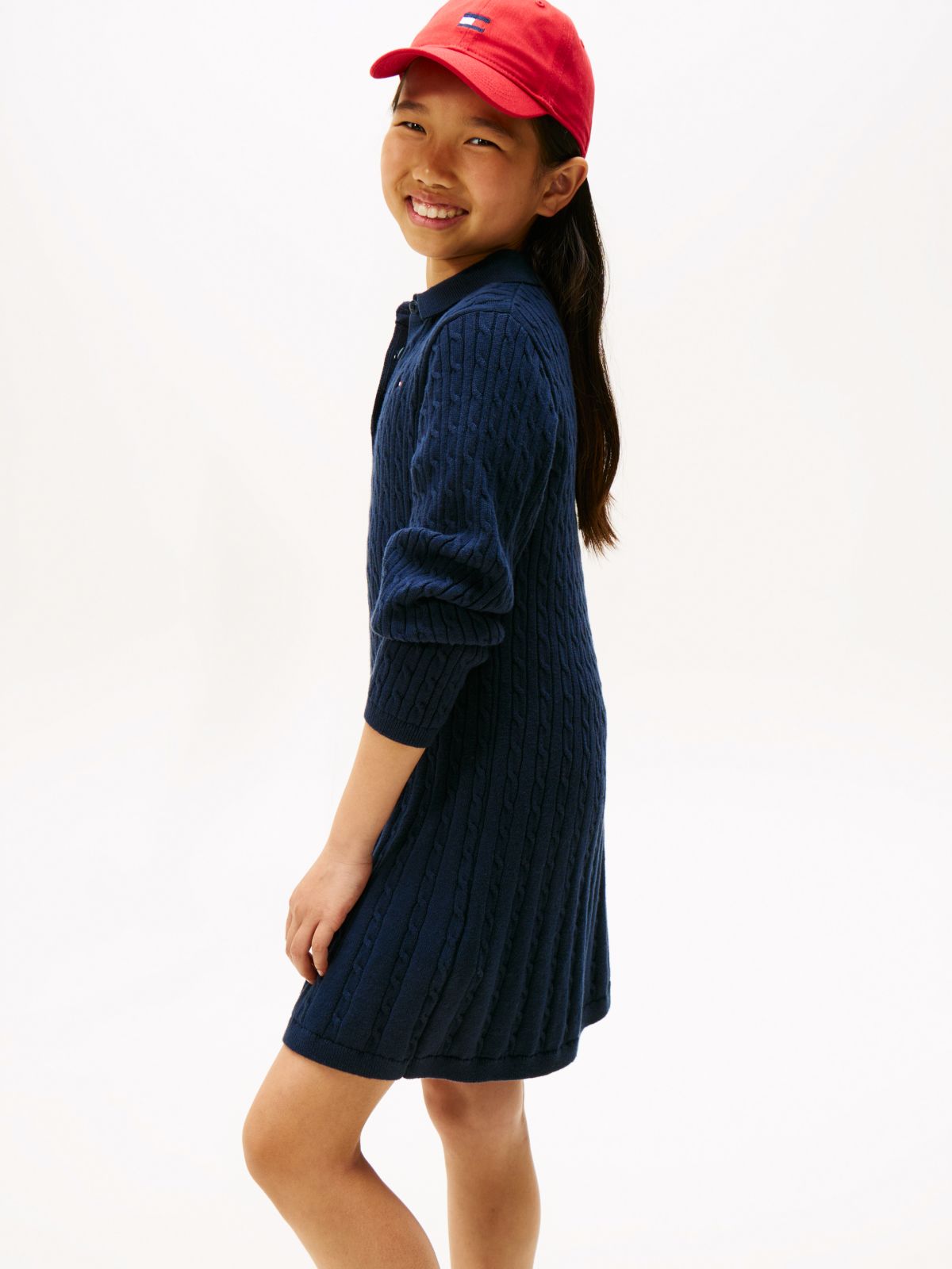 Cable Knit Polo Collar Jumper Dress — Blue