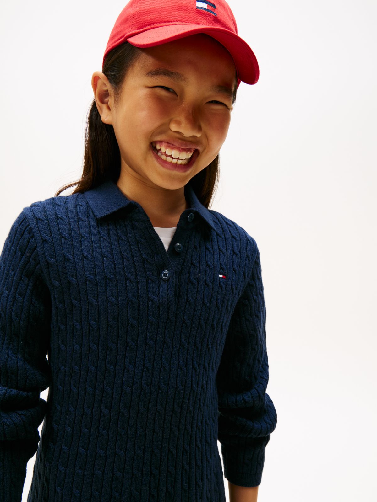Cable Knit Polo Collar Jumper Dress — Blue