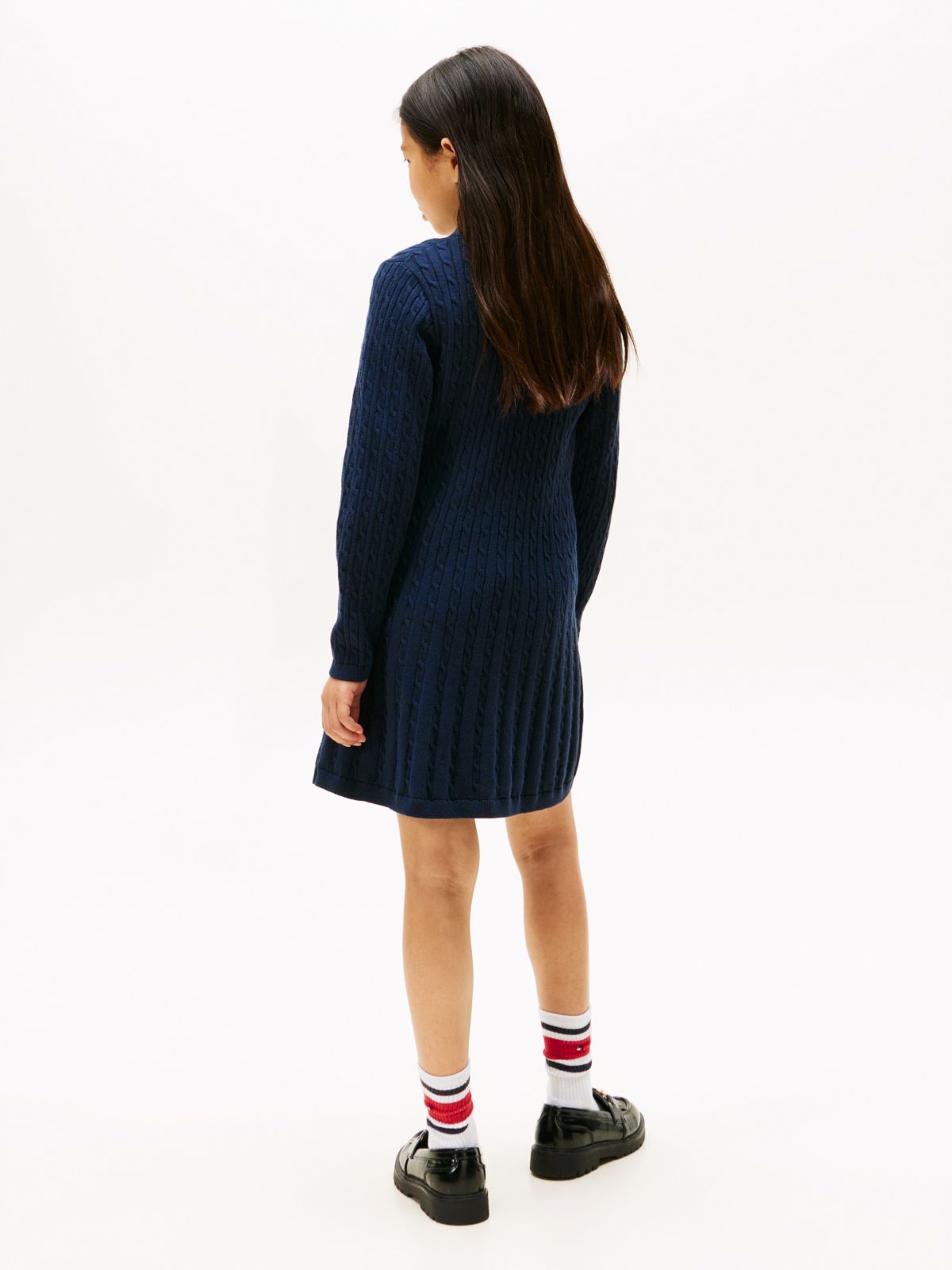 Cable Knit Polo Collar Jumper Dress — Blue