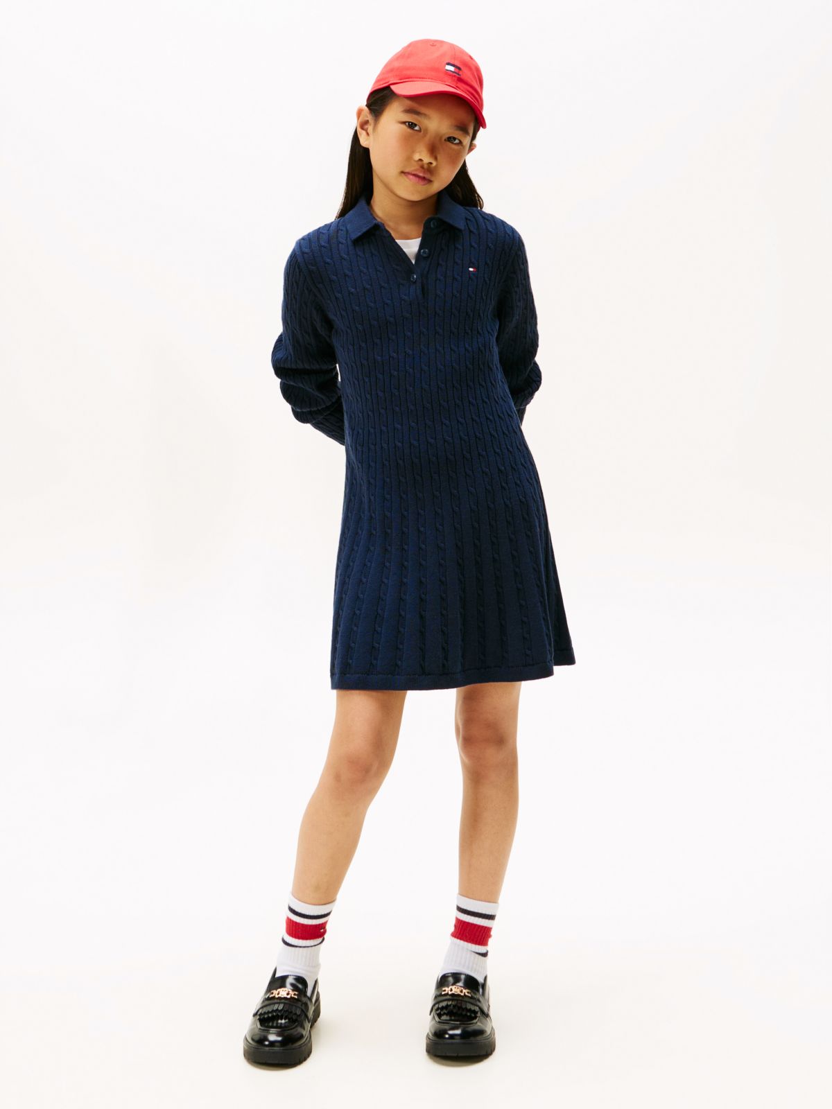 Cable Knit Polo Collar Jumper Dress — Blue
