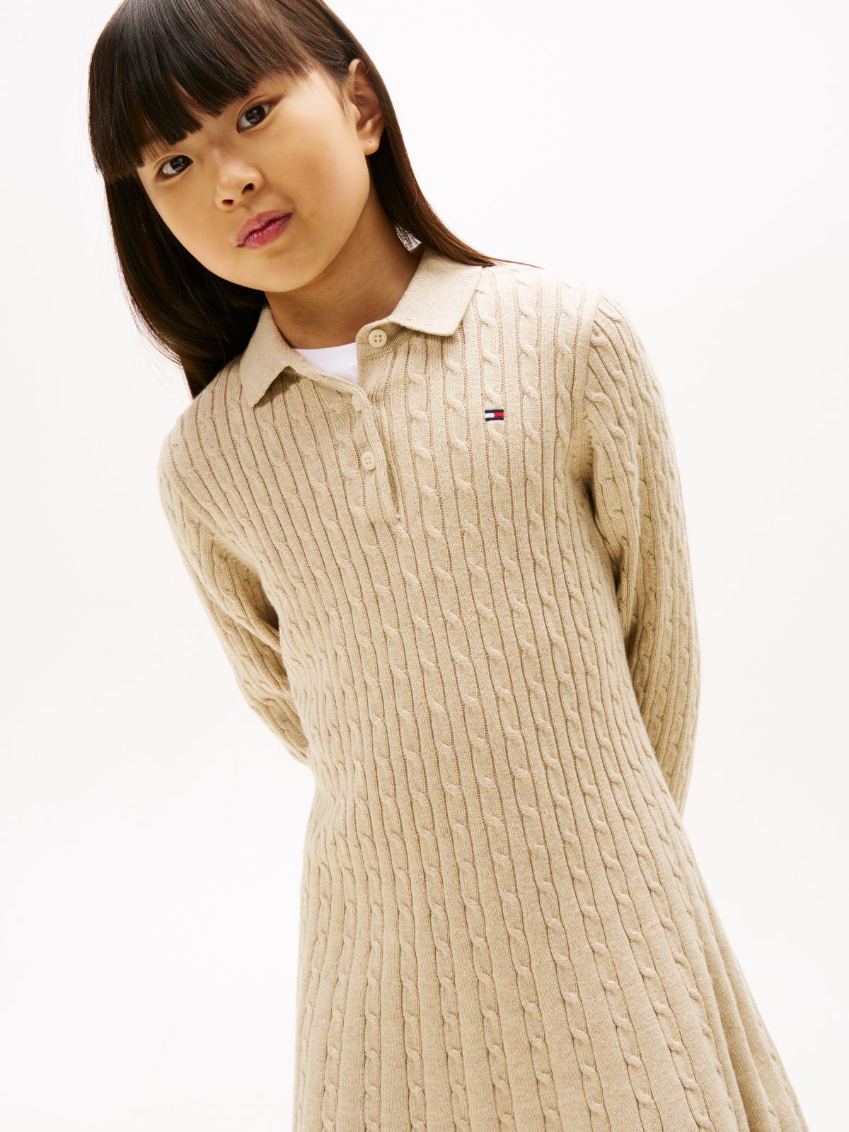 Cable Knit Polo Collar Jumper Dress — Beige