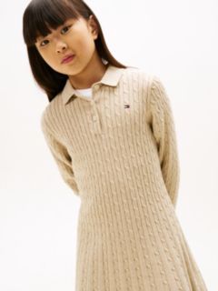 Cable Knit Polo Collar Jumper Dress — Beige 2