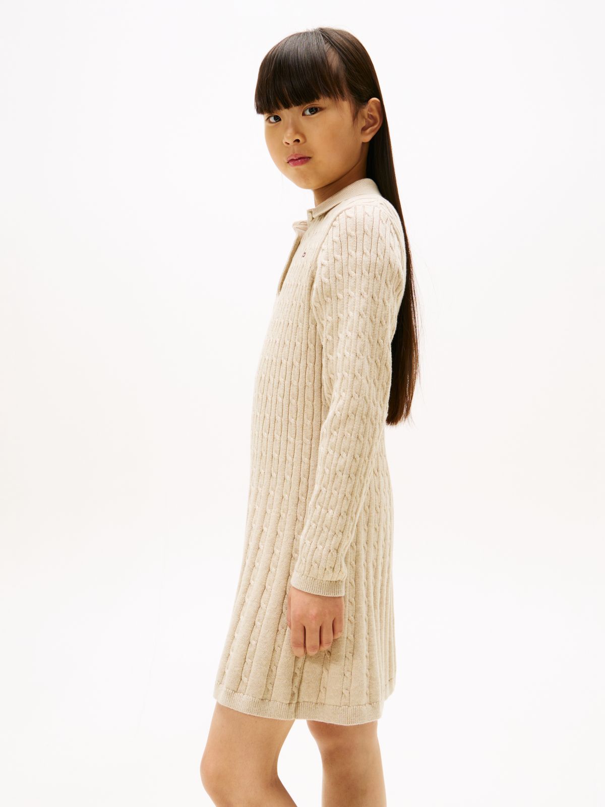 Cable Knit Polo Collar Jumper Dress — Beige