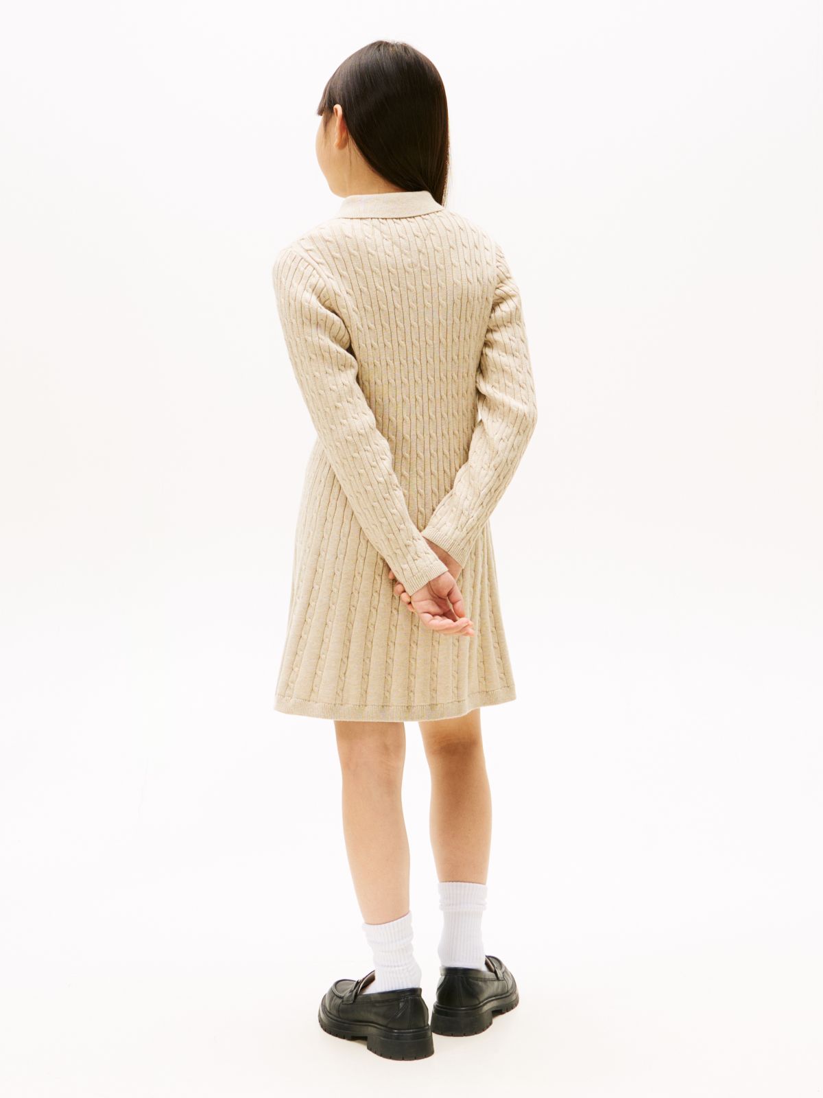 Cable Knit Polo Collar Jumper Dress — Beige