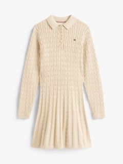 Cable Knit Polo Collar Jumper Dress — Beige 5