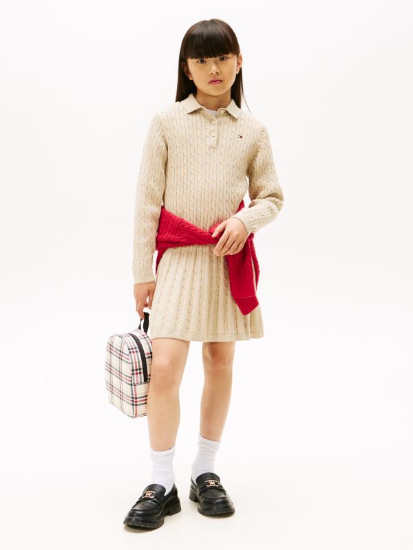 Cable Knit Polo Collar Jumper Dress — Beige