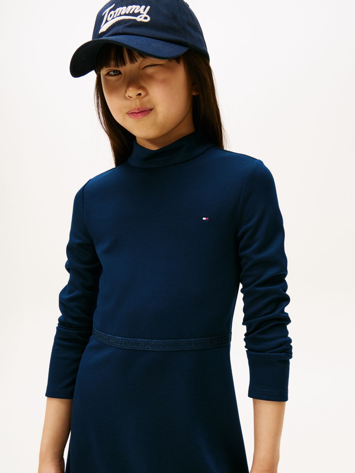 Sparkle Logo Mock Neck Skater Dress — Blue
