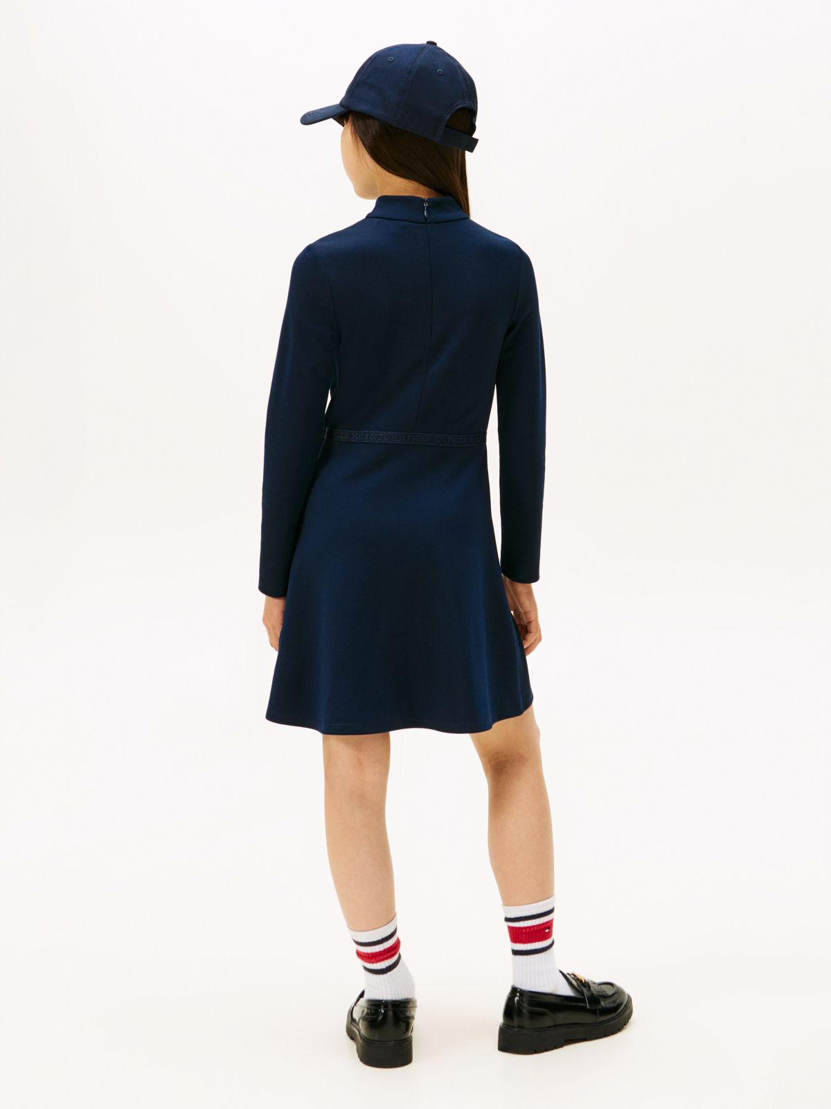 Sparkle Logo Mock Neck Skater Dress — Blue