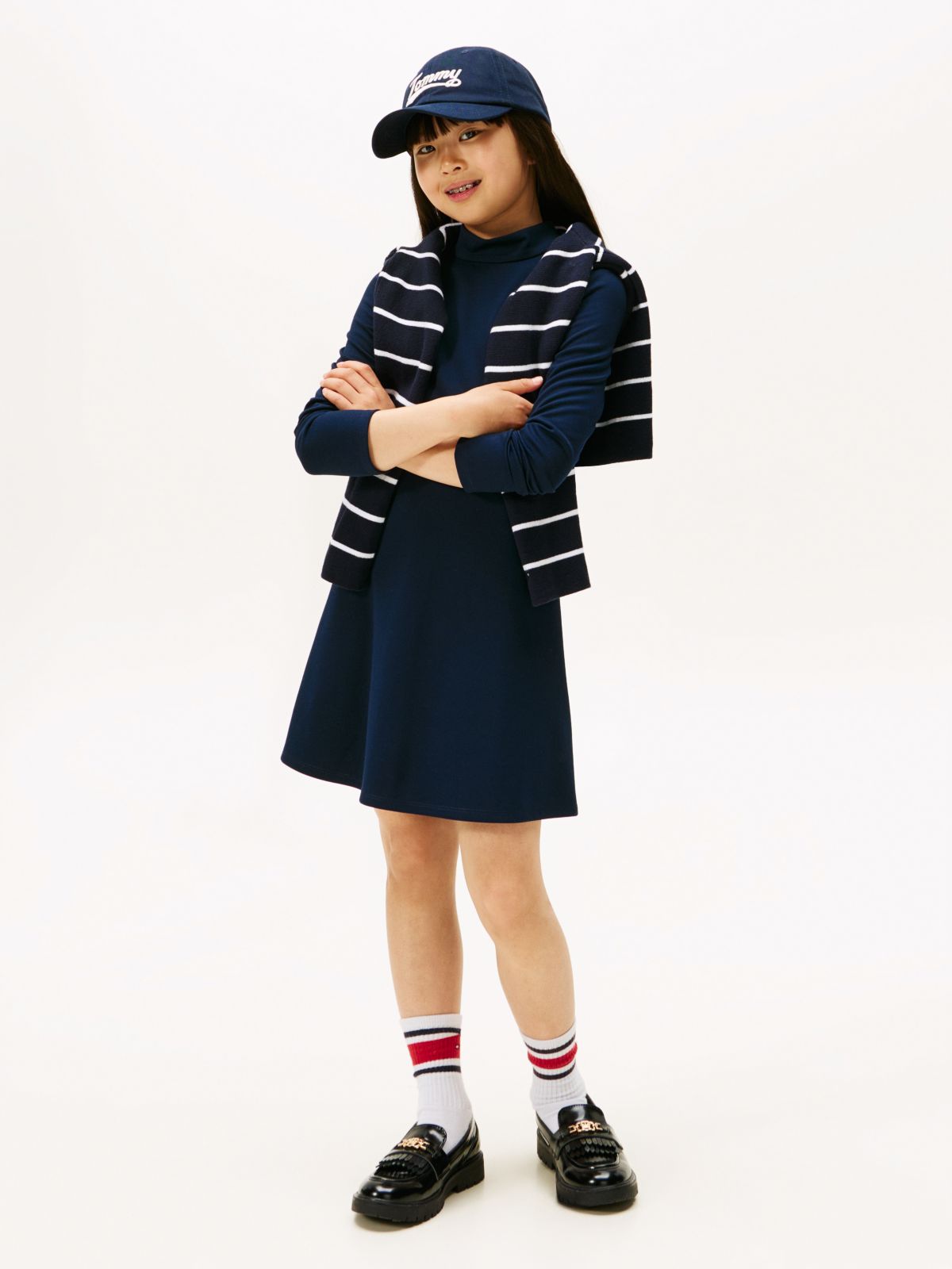 Sparkle Logo Mock Neck Skater Dress — Blue