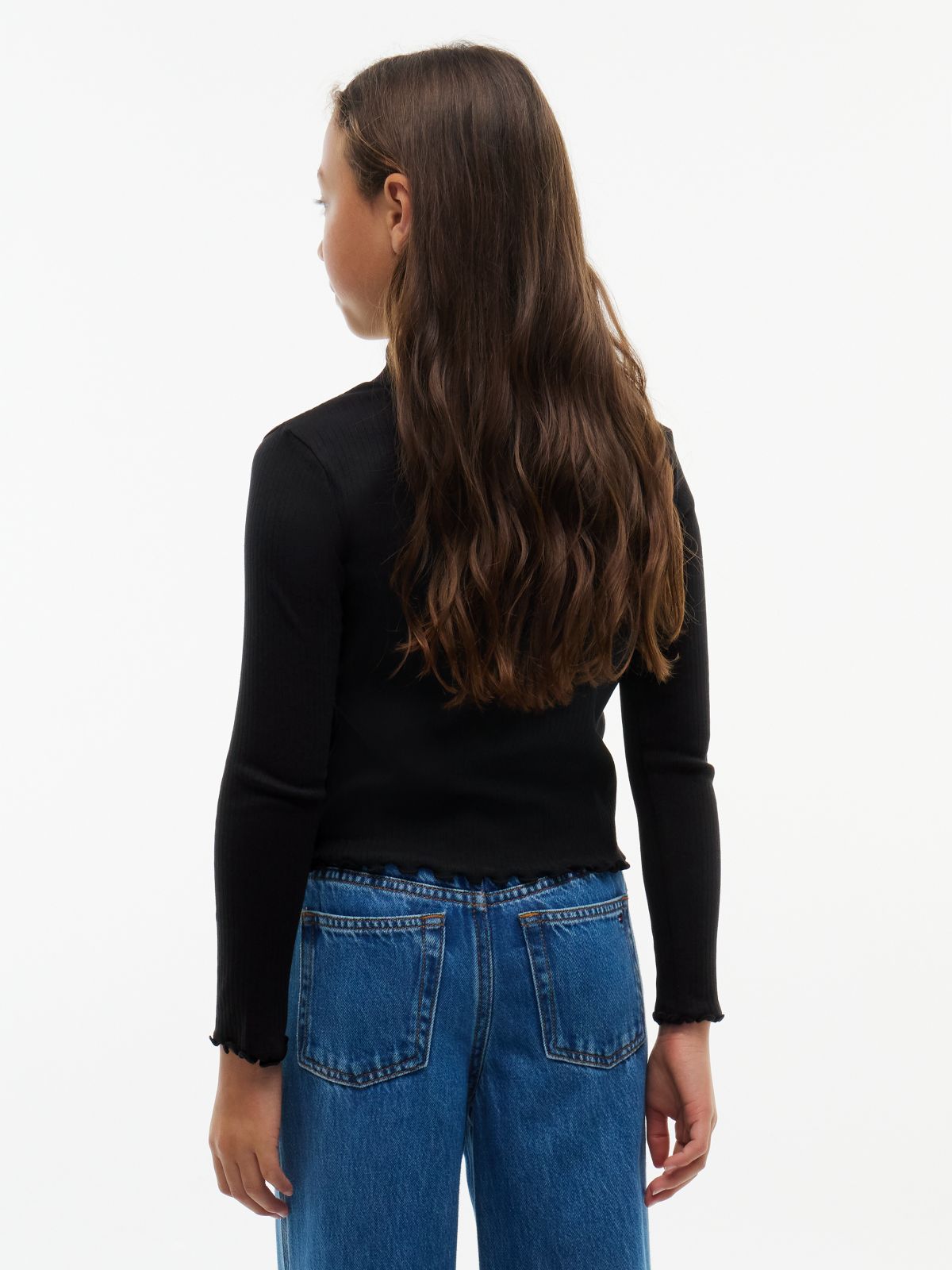 Essential Ruffle Ribbed Long Sleeve Top — Black