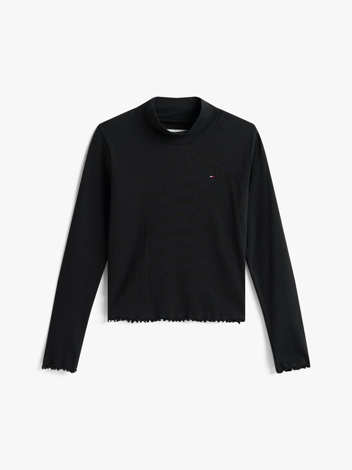 Essential Ruffle Ribbed Long Sleeve Top — Black