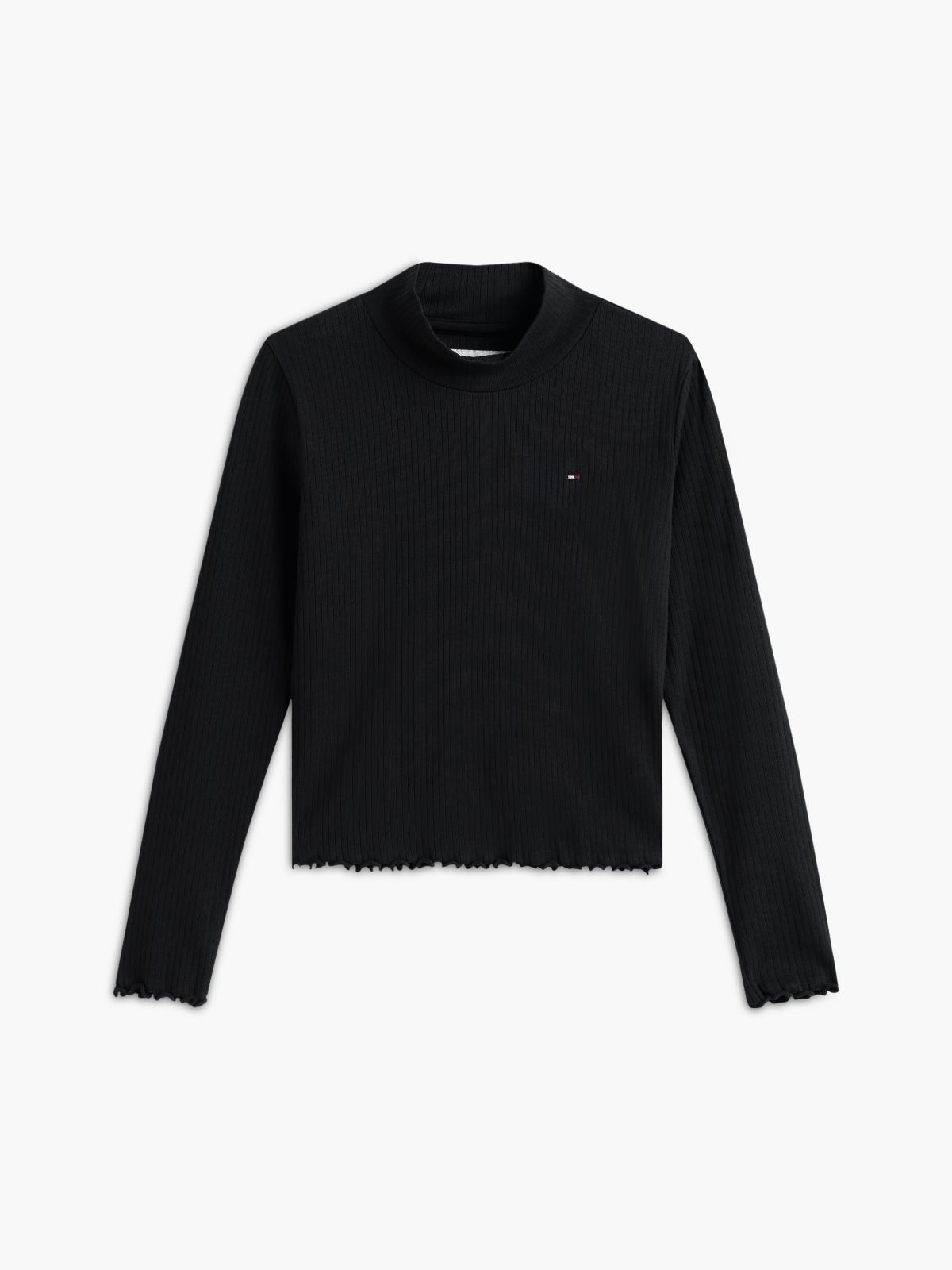 Essential Ruffle Ribbed Long Sleeve Top — Black