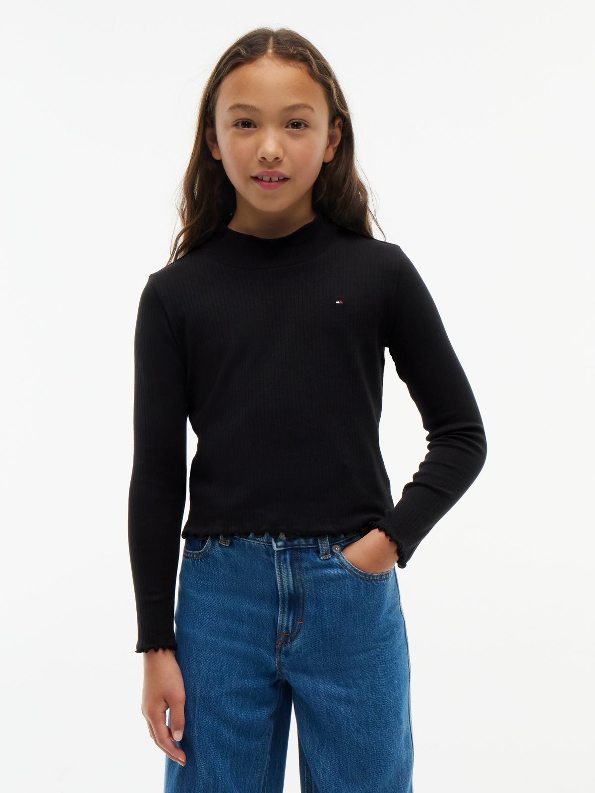 Essential Ruffle Ribbed Long Sleeve Top — Black
