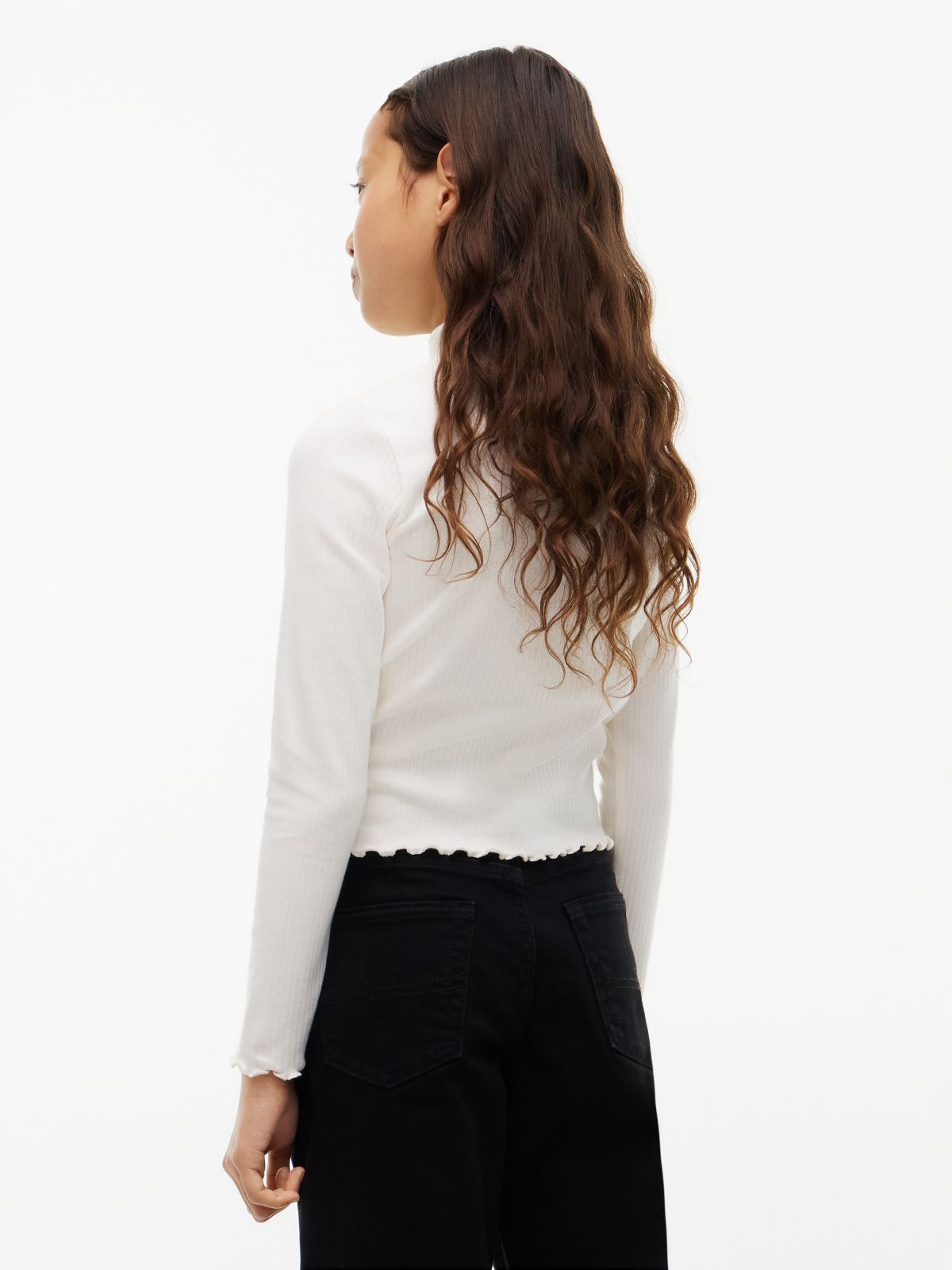 Essential Ruffle Ribbed Long Sleeve Top — White