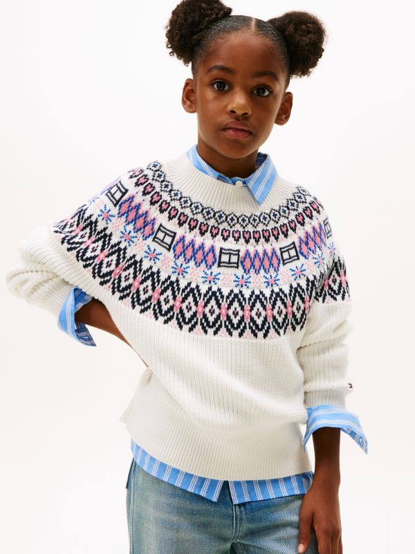 Fair Isle Relaxed Balloon Sleeve Jumper — White