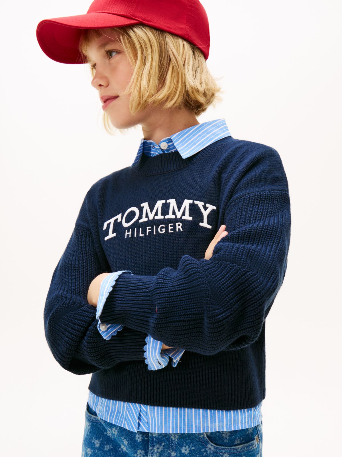 Logo Embroidery Relaxed Crew Neck Jumper — Blue