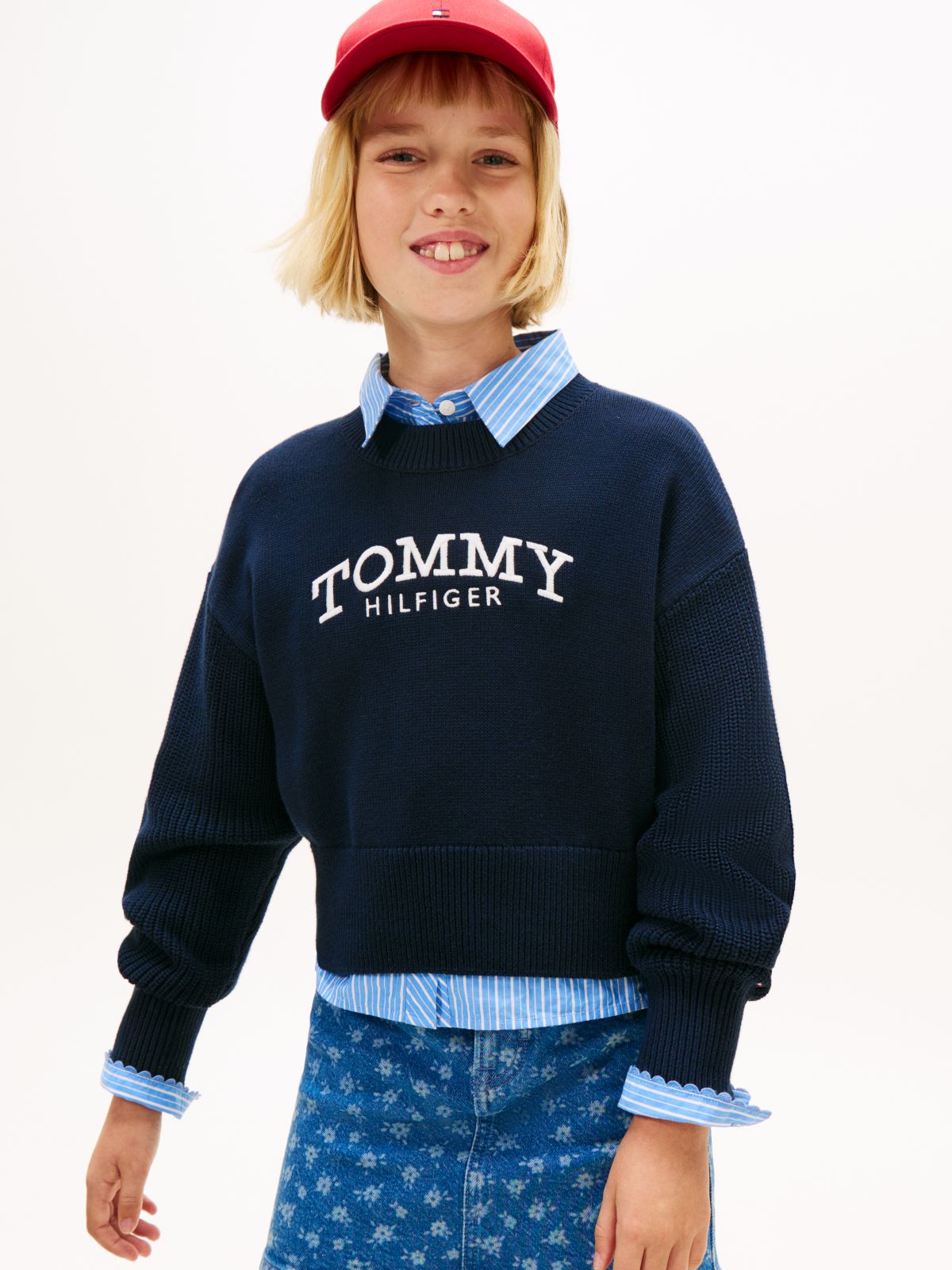 Logo Embroidery Relaxed Crew Neck Jumper — Blue