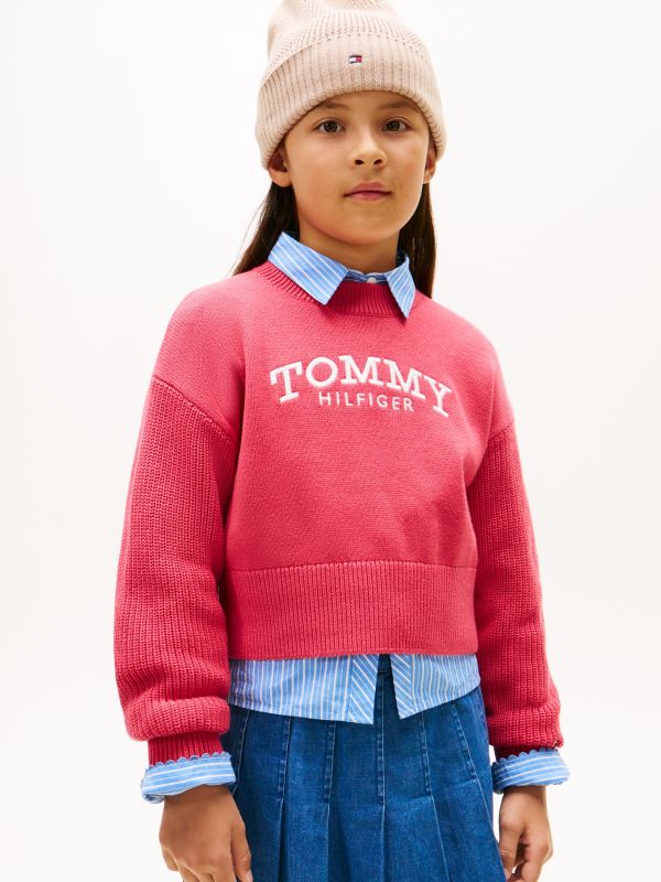 Logo Embroidery Relaxed Crew Neck Jumper — Red