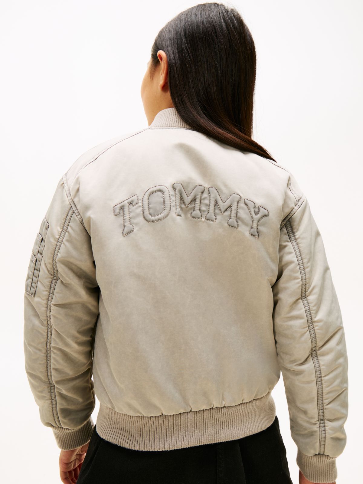 Back Logo Relaxed Washed Bomber Jacket — Beige