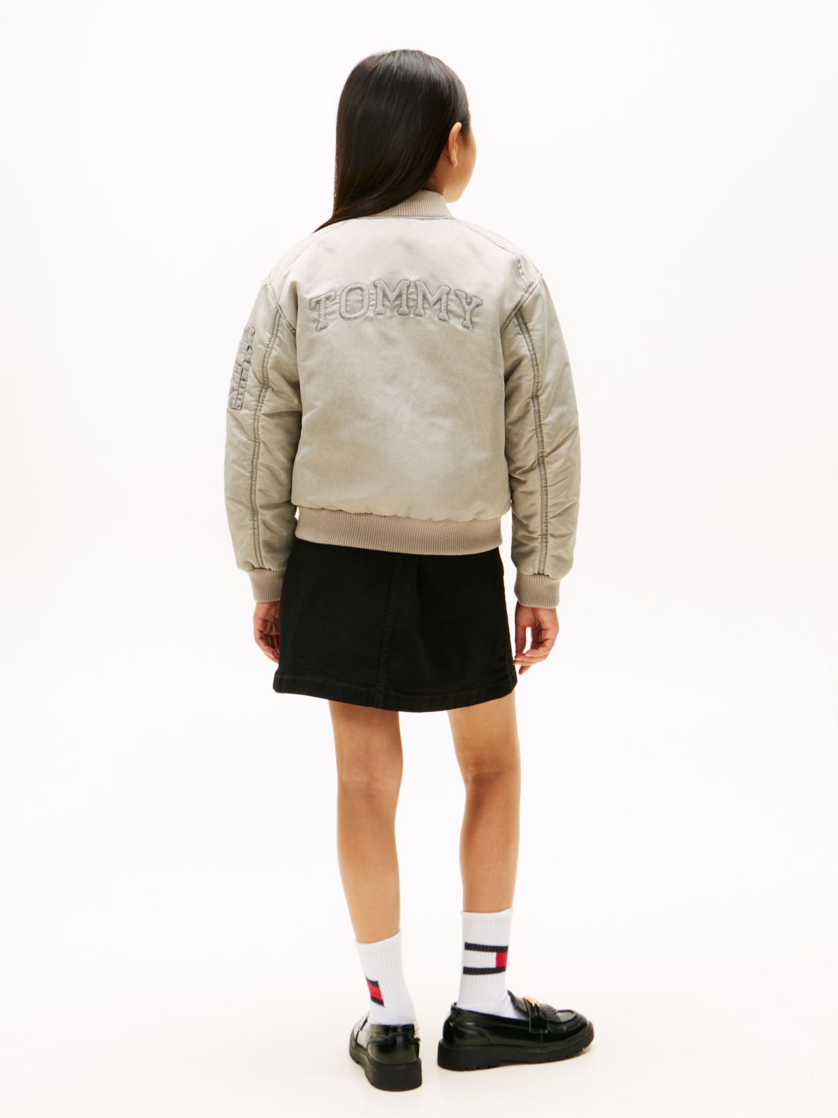 Back Logo Relaxed Washed Bomber Jacket — Beige