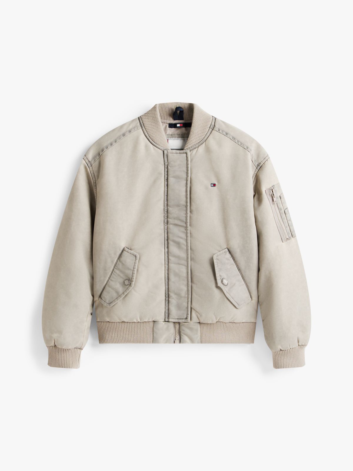 Back Logo Relaxed Washed Bomber Jacket — Beige