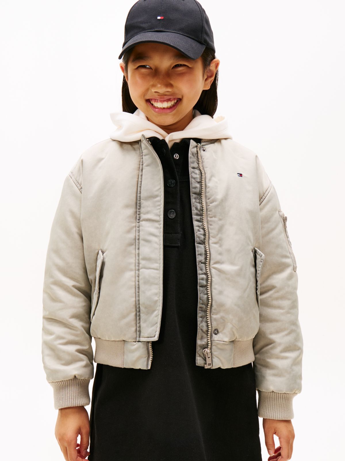 Back Logo Relaxed Washed Bomber Jacket — Beige