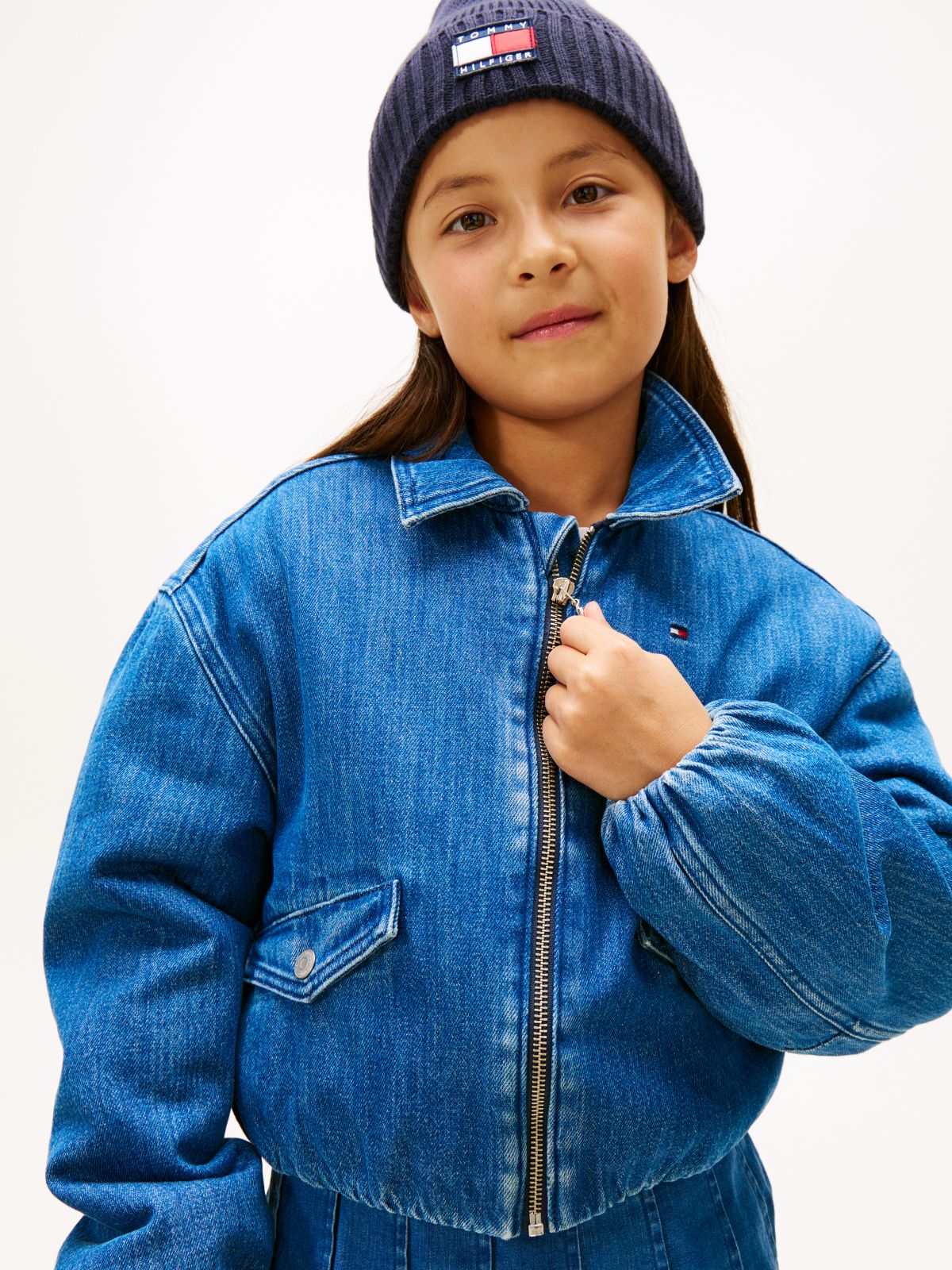 Back Logo Boxy Denim Bomber Jacket — Blue