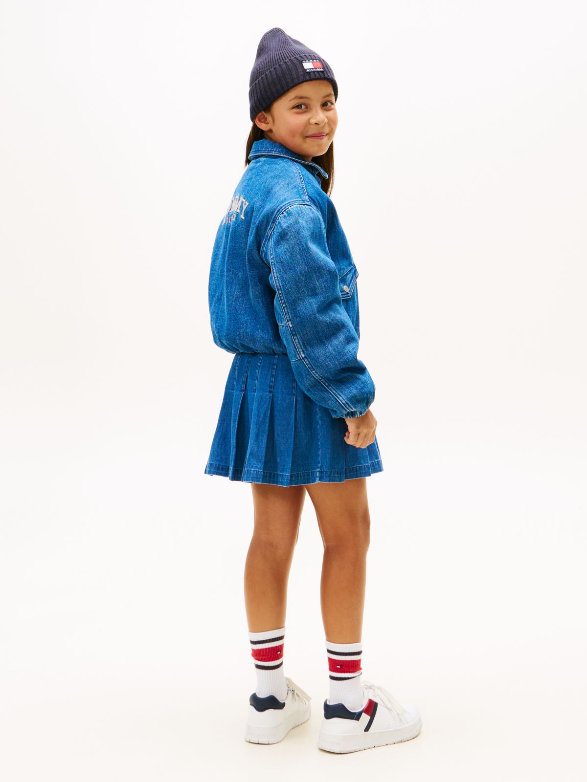 Back Logo Boxy Denim Bomber Jacket — Blue