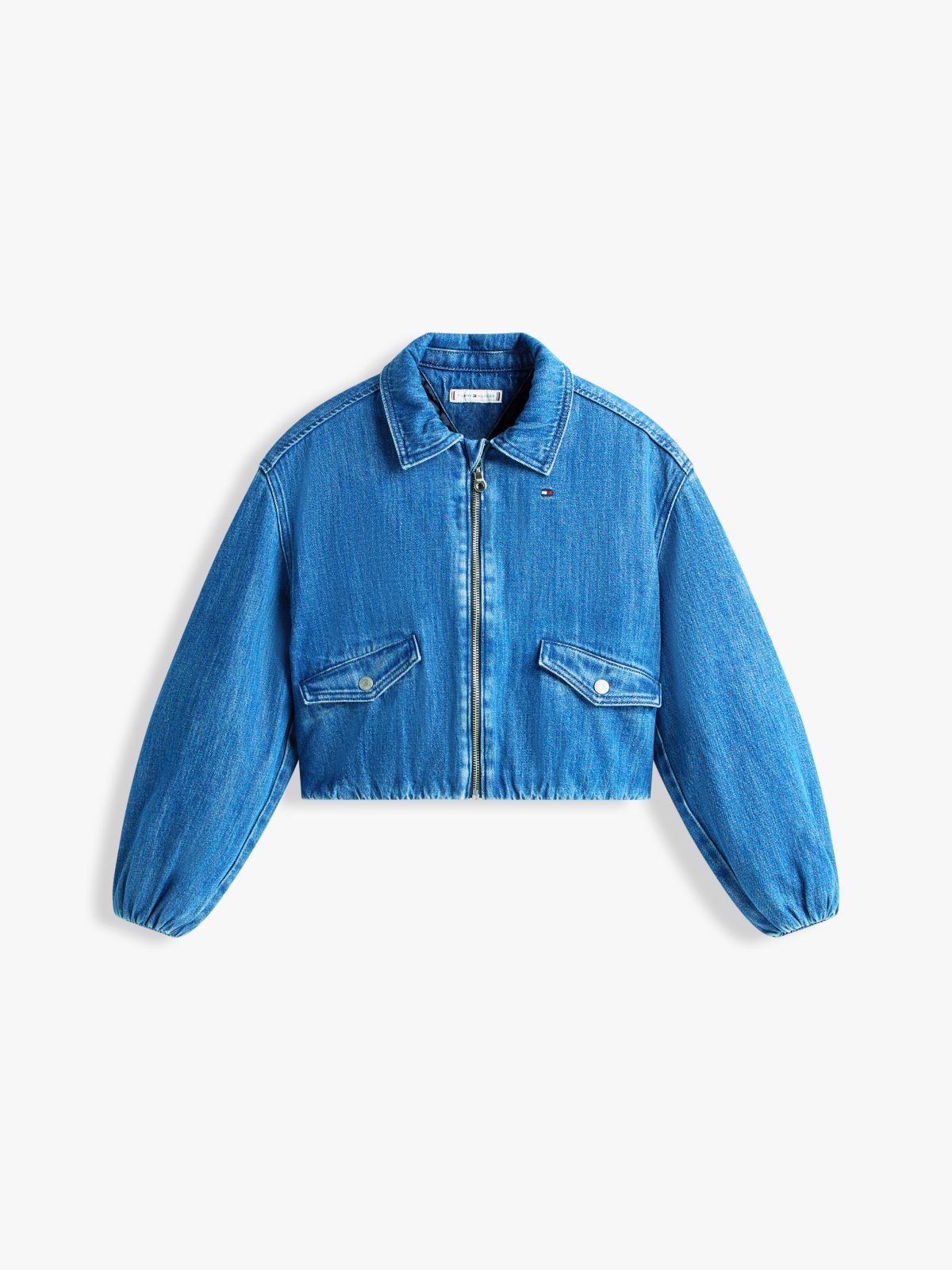 Back Logo Boxy Denim Bomber Jacket — Blue