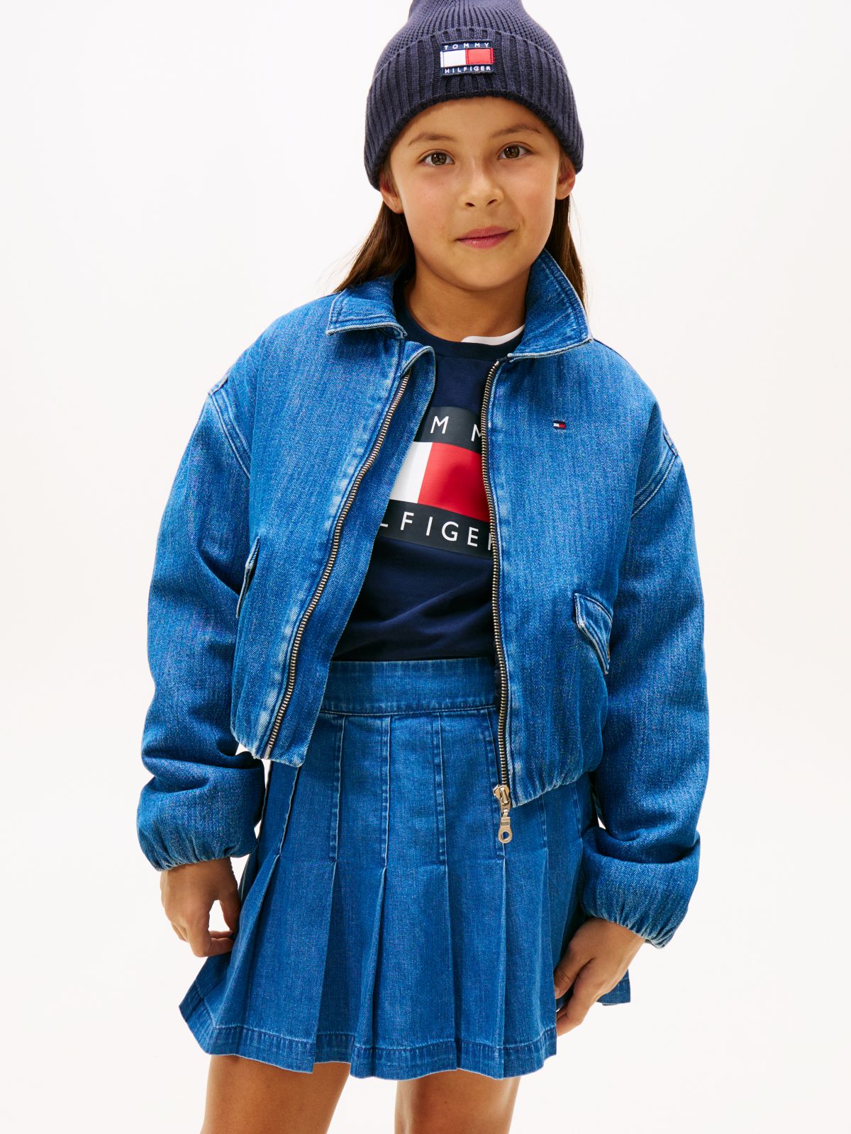 Back Logo Boxy Denim Bomber Jacket — Blue