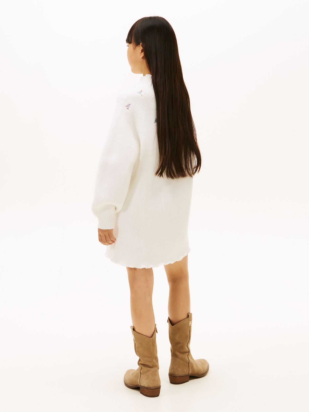 Floral Embroidery Jumper Dress With Wool — White