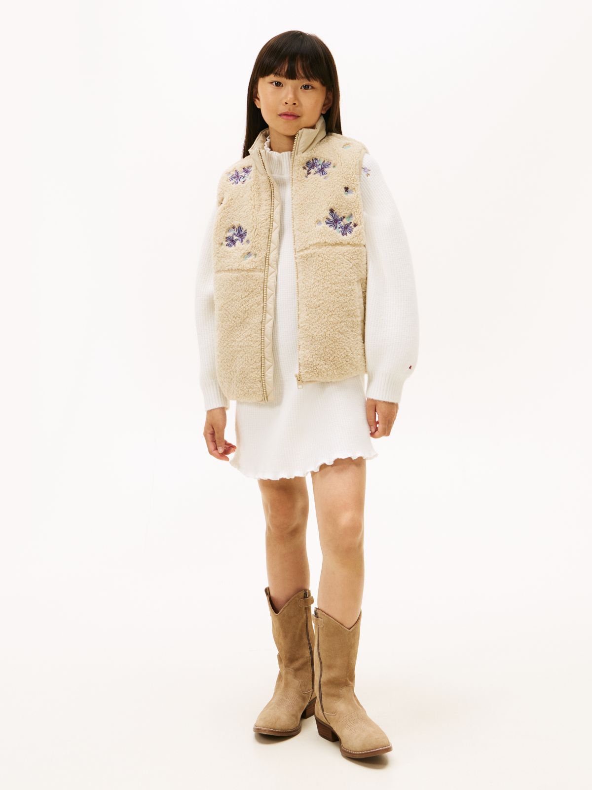 Floral Embroidery Jumper Dress With Wool — White