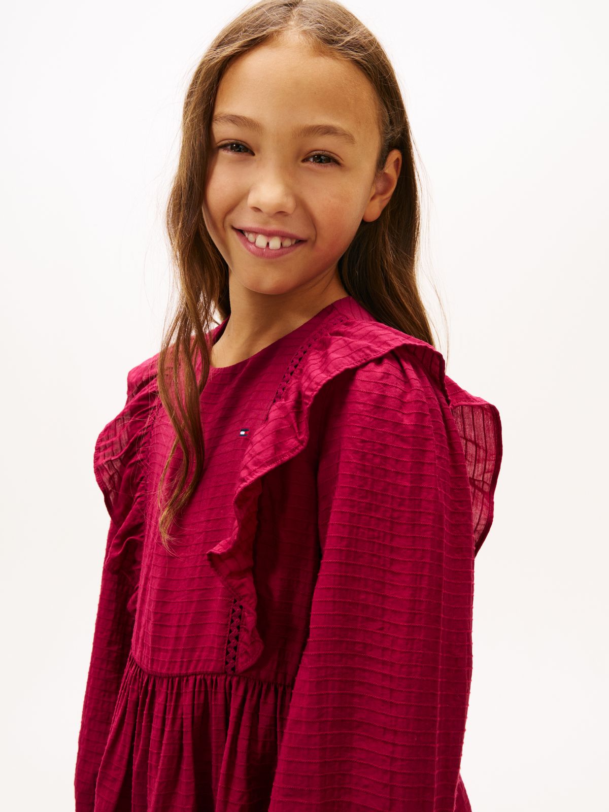 Festive Ruffle Long Sleeve A-Line Dress — Purple