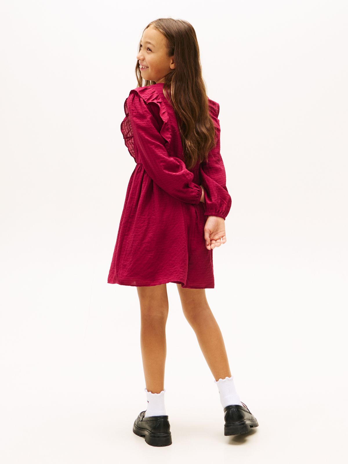 Festive Ruffle Long Sleeve A-Line Dress — Purple