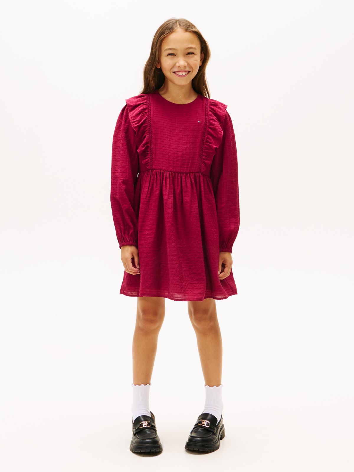 Festive Ruffle Long Sleeve A-Line Dress — Purple