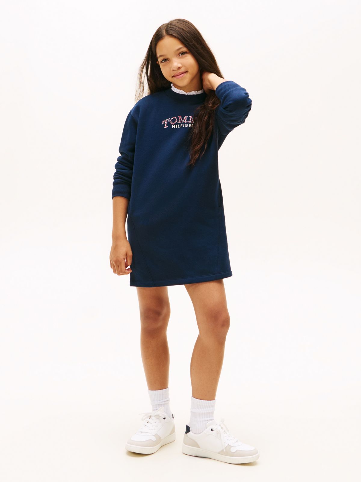 Floral Logo Fleece Relaxed Sweatshirt Dress — Blue