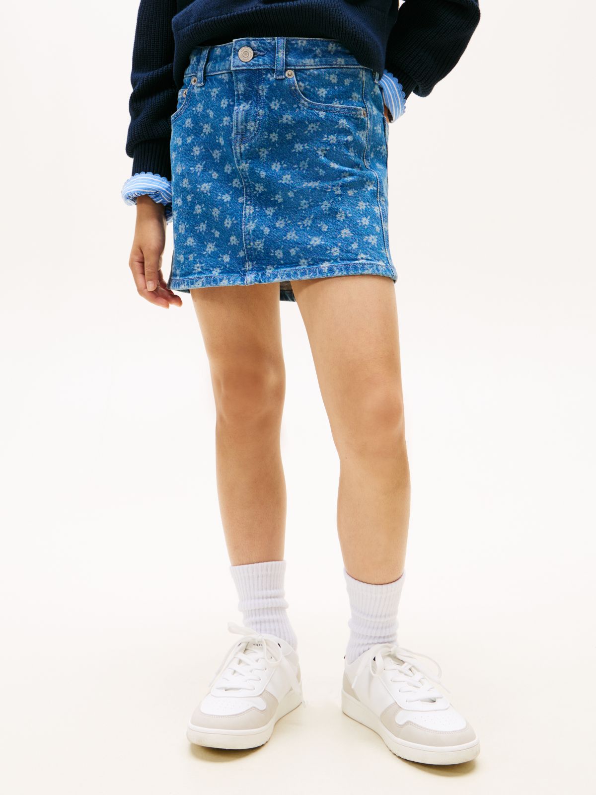 Floral Print Flag Embroidery Denim Skirt — Blue