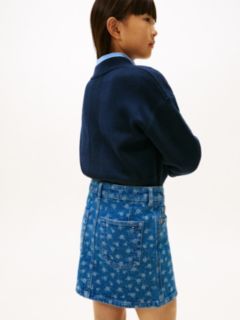 Floral Print Flag Embroidery Denim Skirt — Blue 3
