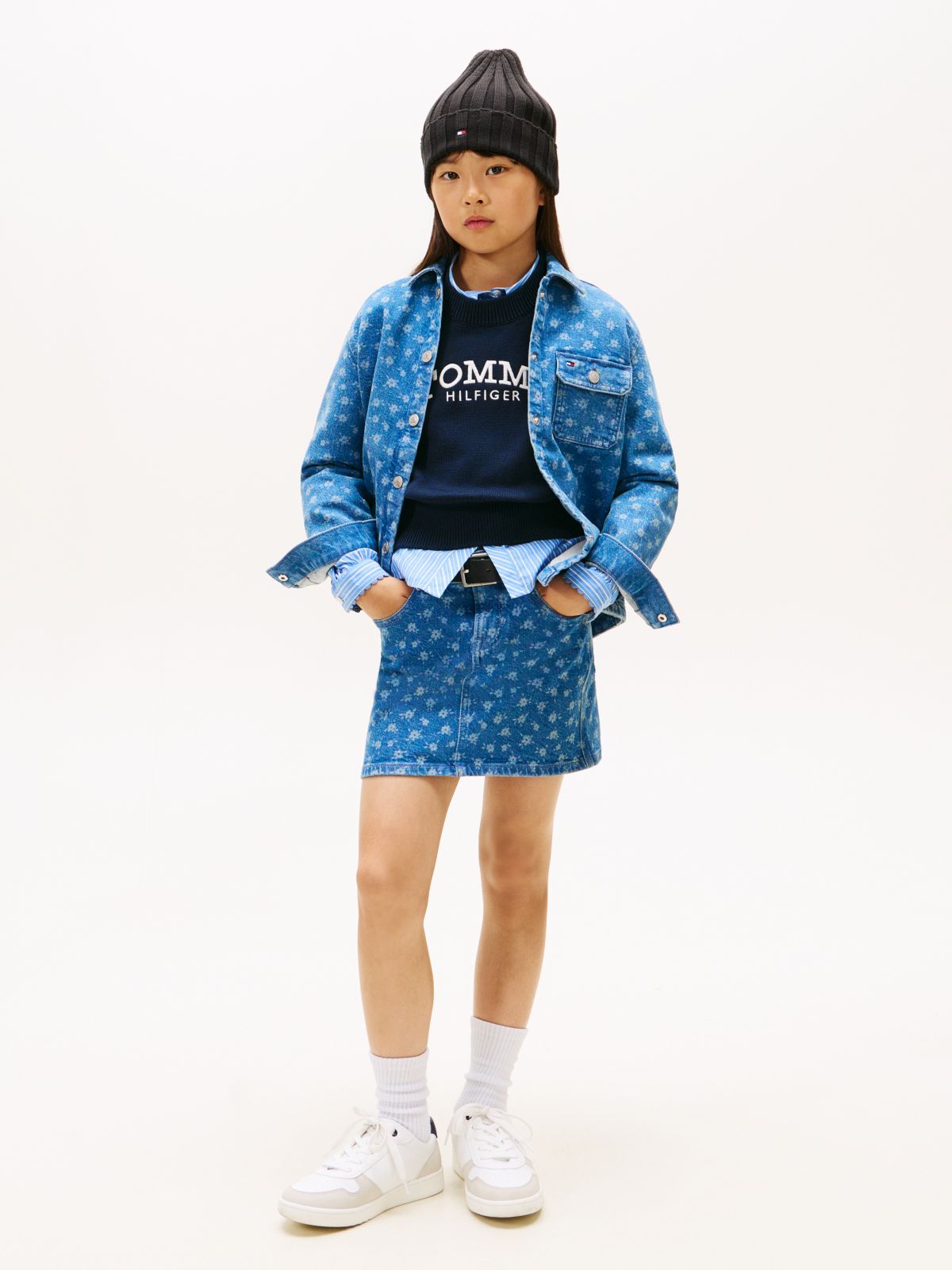 Floral Print Flag Embroidery Denim Skirt — Blue